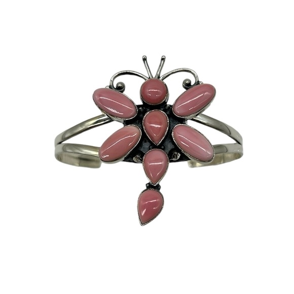 925 Sterling Silver Butterfly Dragonfly Natural Pink Conch Cuff Bracelet - Picture 5 of 8